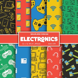 May include: A set of 10 digital seamless patterns featuring various electronics, including phones, computers, game controllers, and headphones. The patterns are in a variety of colors, including blue, green, red, yellow, and black.
