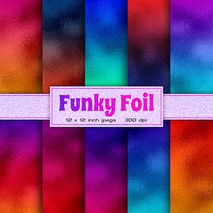 May include: Set of eight digital paper backgrounds featuring a funky foil texture in various colours, including red, orange, yellow, green, blue, purple, pink, and black. The papers are 12 x 12 inches and 300 dpi.