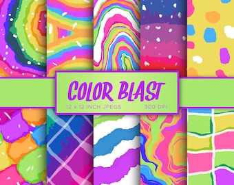 Color Blast Digital Paper Rainbow Digital Paper Colorful Pink Green Yellow Digital Paper Bright Colors Patterns - INSTANT DOWNLOAD