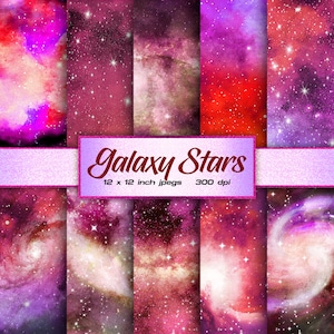 Galaxy Stars Digital Paper Celestial Digital Paper Metallic Digital Paper Watercolor Pink Purple Sky Patterns - INSTANT DOWNLOAD