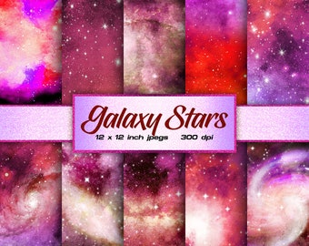 Puede incluir: Un conjunto de seis fondos de papel digital con diseños de galaxias de acuarela en tonos rosas, morados y rojos. Cada fondo incluye una dispersión de estrellas blancas. El texto "Galaxy Stars 12 x 12 inch jpegs 300 dpi" se muestra en una pancarta brillante rosa y blanca.