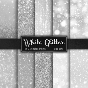 May include: Set of six digital paper textures featuring white glitter in various patterns. The textures are 12 x 12 inches and 300 DPI.