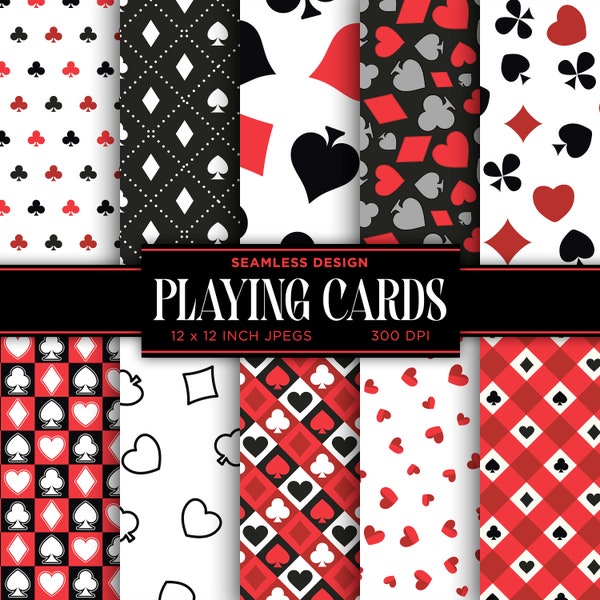 Playing Cards Seamless Digital Paper Poker Casino Ace Gambling Red Black White Colors Digital Paper Patterns - INSTANT DOWNLOAD