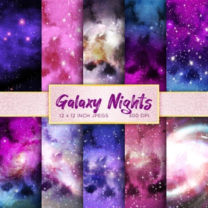 Carta digitale Galaxy Nights Carta digitale stelle celesti Carta digitale metallizzata Modelli di cielo viola acquerello - DOWNLOAD immediato