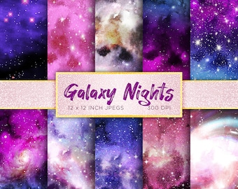May include: A set of 10 digital paper backgrounds featuring watercolor galaxy designs in shades of purple, pink, blue, and gold. Each design features a swirling galaxy with stars and nebulae. The papers are 12 x 12 inches and 300 DPI.