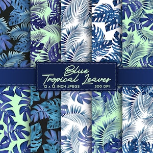 Feuilles tropicales bleues Papier numérique Papier numérique exotique Couleurs des palmiers Modèles de papier numérique - TÉLÉCHARGEMENT IMMÉDIAT