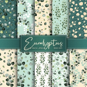 May include: Set of 8 digital paper patterns featuring watercolor illustrations of eucalyptus leaves in various shades of green, blue, and white on different backgrounds. The patterns are 12 x 12 inches and 300 DPI.