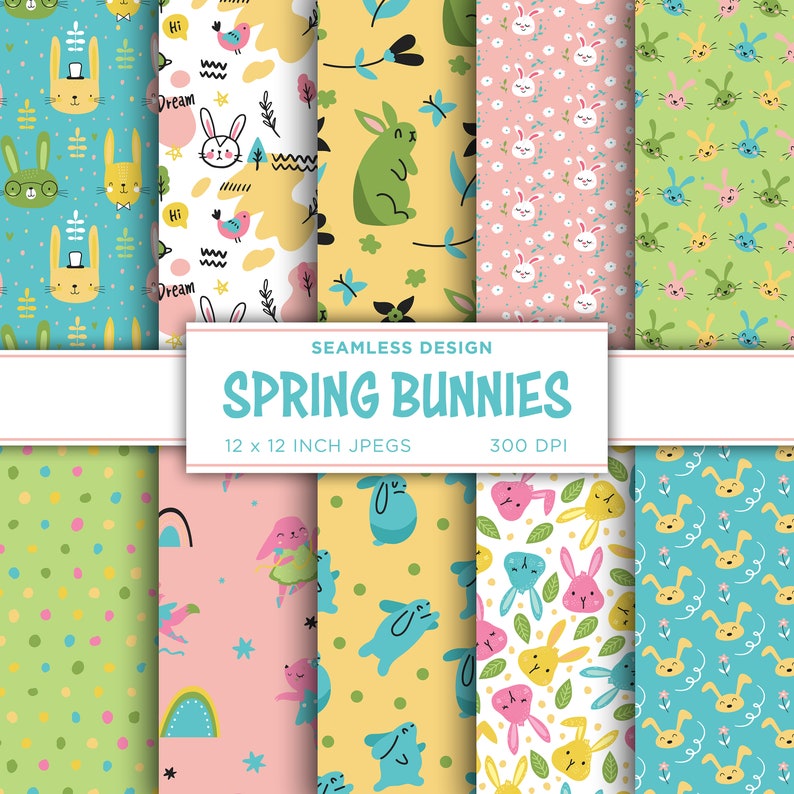 Spring Bunnies Seamless Digital Paper Fall Leaves Digital Paper Easter ...