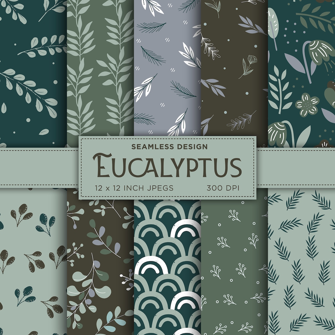 Eucalyptus Seamless Digital Paper Fall Leaves Digital Paper Dark Green ...