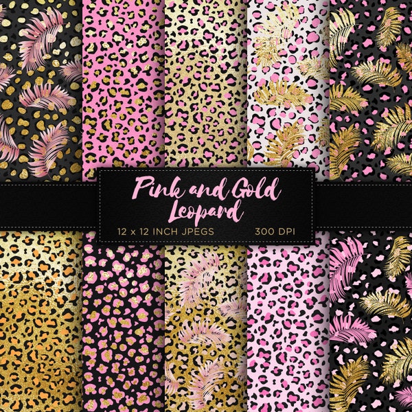 Carta digitale leopardo oro rosa Stampa glitter Carta digitale Piume di animali Texture Sfondi Modelli - DOWNLOAD immediato