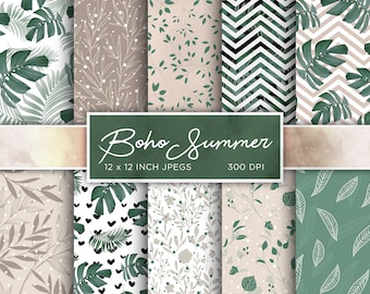 Boho Summer Digital Paper Exotic Digital Paper Palm Tropical Leaves Digital Paper Patterns - INSTANT DOWNLOAD