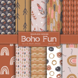 Boho Fun Seamless Digital Paper Boho Digital Paper Clouds Digital Chic Rainbows Plumas Patrones de papel - DESCARGA INSTANTE