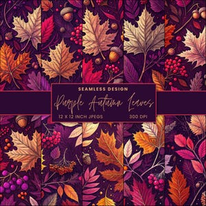 May include: A seamless design with a repeating pattern of autumn leaves in purple, orange, and gold. Acorns and berries are scattered throughout. The text "Purple Autumn Leaves" is on a dark purple banner. The image is 30.48 x 30.48 cm.