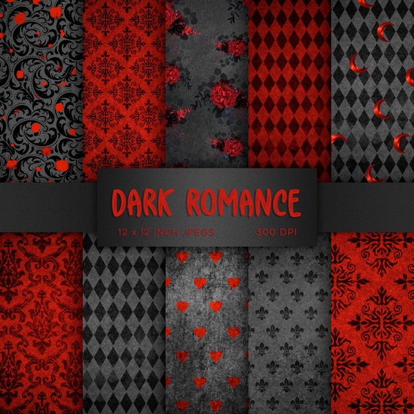 Dark Romance Digital Paper Love Hearts Valentines Digital Paper Red Black Colors Digital Paper Patterns - INSTANT DOWNLOAD