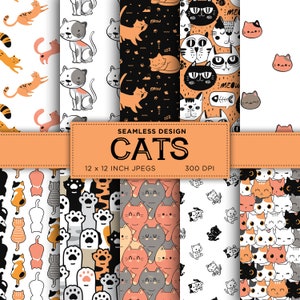 Papier numérique sans couture chats chat chaton empreintes de pattes noir orange blanc couleurs motifs numériques Scrapbooking - TÉLÉCHARGEMENT IMMÉDIAT