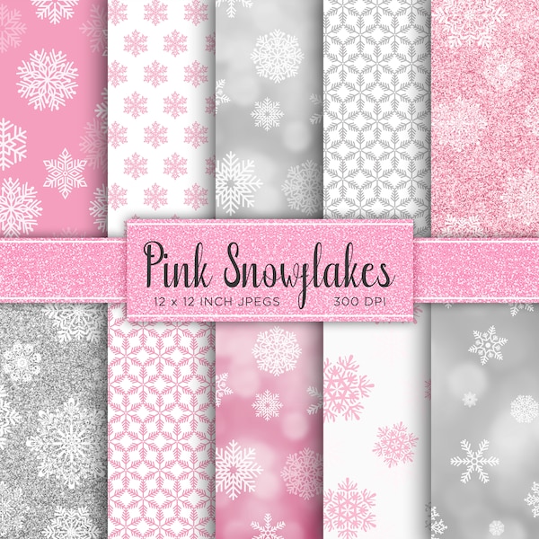 Pink Snowflakes Digital Paper Snow Snowflake Digital Paper Ice Frozen Glitter White Colors Digital Paper Patterns - INSTANT DOWNLOAD