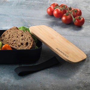 Personalised Engraved Real Bamboo Wood and Fibre Black Lunch Box, Eco-Friendly, No Plastic, Food Storage, Snack Box, Work,Gift, Custom Logo