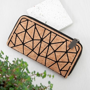 Portefeuille zippé géométrique en liège, cadeau pour elle, sac à main, fête des mères, anniversaires, Noël, porte-monnaie, respectueux de l'environnement, durable, réutilisable, végétalien