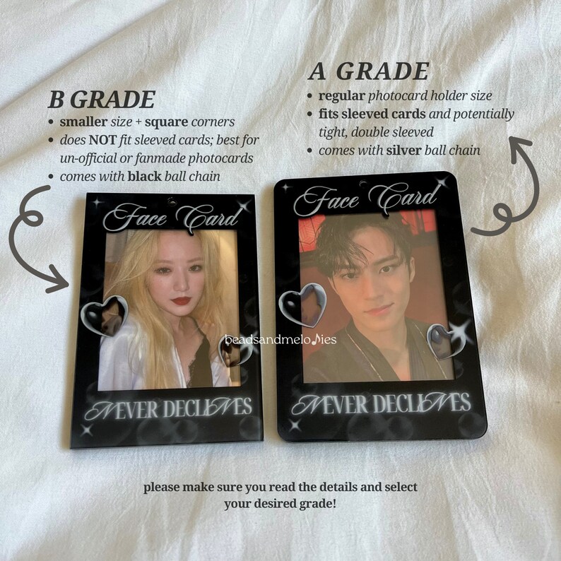 May include: Two black rectangular photocard holders with the text Face Card and NEVER DECLINES printed in white. Each frame features heart graphics and contains a portrait photo. Text details describe B GRADE and A GRADE options.