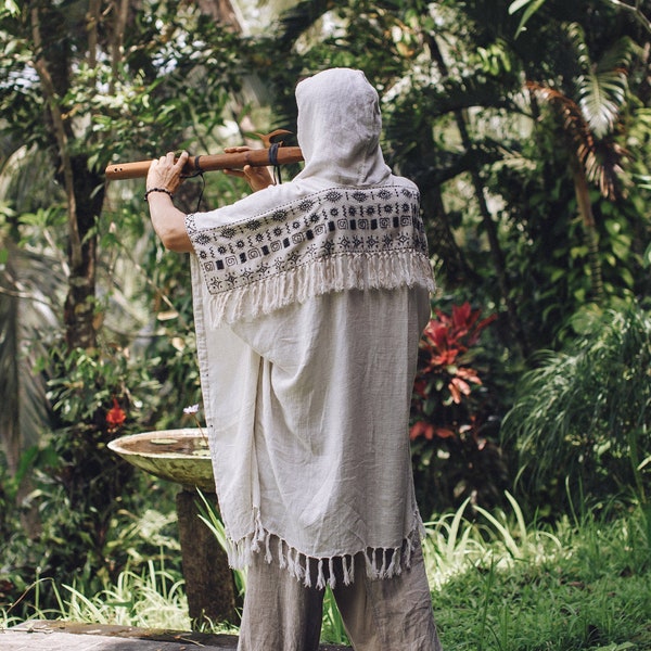 Raw linen poncho • Shaman handmade clothing unisex • Boho poncho women • Tribal wide poncho • Сool linen clothing men • Long cardigan