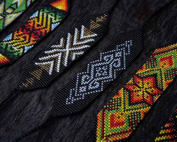 Beaded Black Wrap Bracelet with Multicolor Native-Inspired Pattern Navajo Hand Beaded Cuff Bracelet (ij702) - Mission Del Rey  main image 3