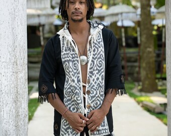 Kimono in cotone stile boho, giacca con cappuccio per festival (unisex, traspirante)
