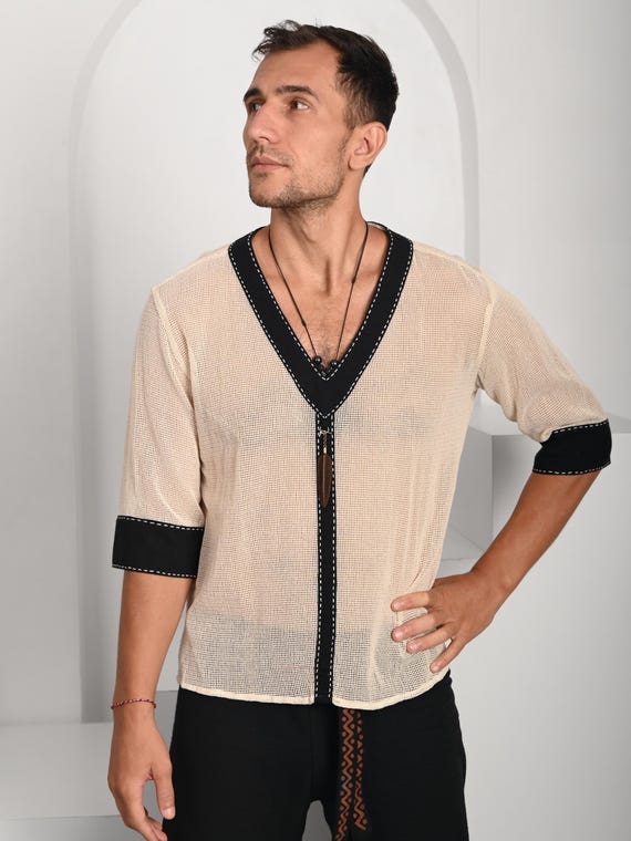 Eco Friendly Cotton Boho Shirt Mesh Hand Embroidered Shamanic Tribal Festival Top Bali