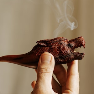Hand Carved Redwood Wolf Pipe: Shamanic Ritual Tool with Ye Ming Zhu Eyes