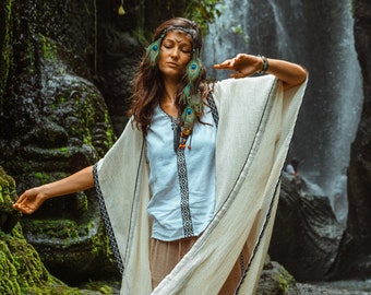 Cárdigan largo de algodón Boho Poncho Kimono : Ropa de chamán unisex - Túnica ritual hecha a mano Boheme Chic - Encubrimiento de playa