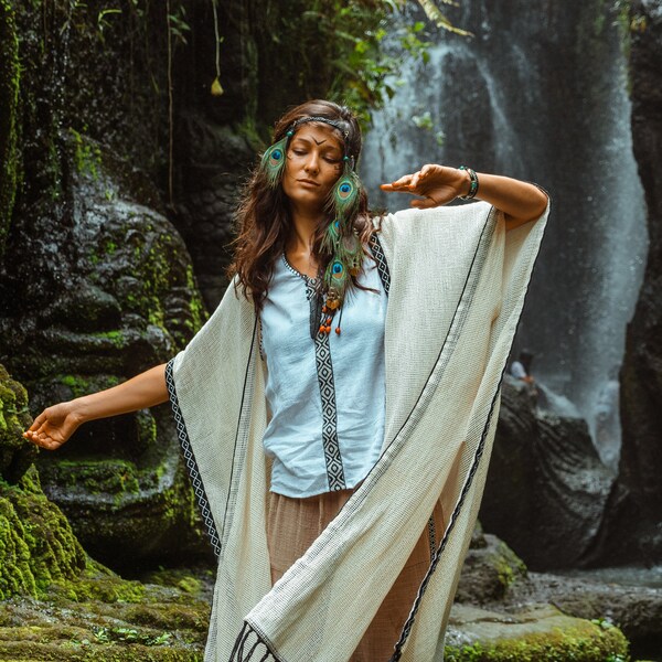 Long Cotton Boho Poncho Kimono Cardigan : Unisex Shaman Clothing - Handmade Ritual Robe Boheme Chic - Beach Coverup