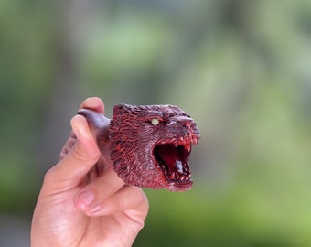 Hand Carved Redwood Wolf Pipe: Shamanic Ritual Tool with Ye Ming Zhu Eyes
