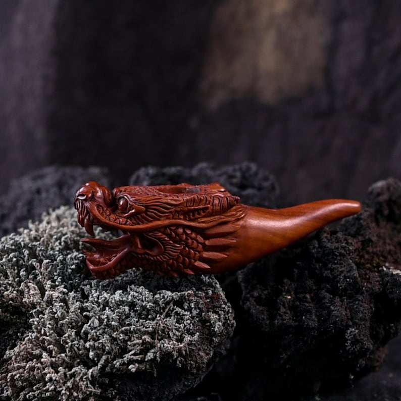 Luxury hand-carved mahogany wood Dragon smoking pipe with Ye Ming Zhu stone, a ceremonial piece for tobacco and herbs, embodying native American medicine traditions