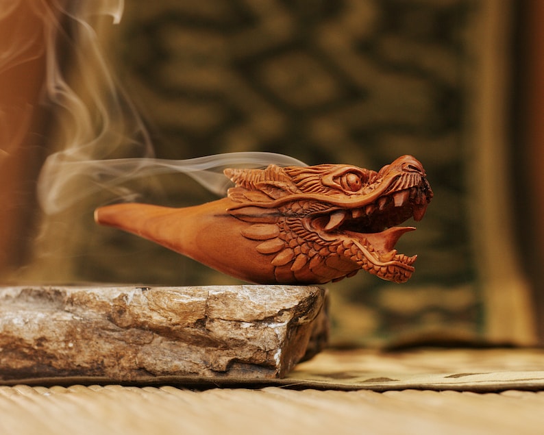 Luxury hand-carved mahogany wood Dragon smoking pipe with Ye Ming Zhu stone, a ceremonial piece for tobacco and herbs, embodying native American medicine traditions