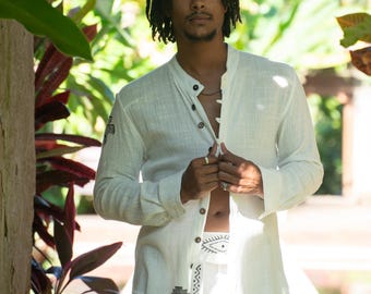 Camisa Boho Shaman de Algodão, Branca, Unissex (Top Artesanal para Festival em Bali)