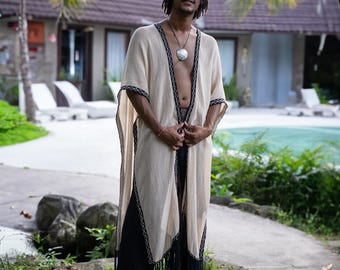 Long Cotton Boho Poncho Kimono Cardigan : Unisex Shaman Clothing - Handmade Ritual Robe Boheme Chic - Beach Coverup