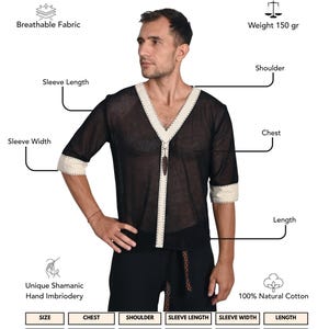 May include: A black mesh shirt with a V-neckline and cream-colored trim. The shirt features a central vertical cream panel with a decorative pendant. A sizing chart is included, listing measurements in cm for chest, shoulder, sleeve, and length.
