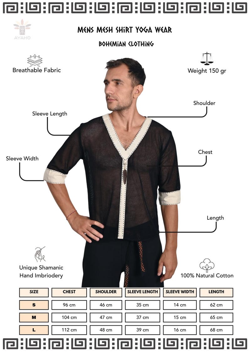 May include: A black mesh shirt with a V-neckline and cream-colored trim. The shirt features a central vertical cream panel with a decorative pendant. A sizing chart is included, listing measurements in cm for chest, shoulder, sleeve, and length.