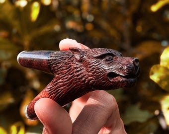 Rosewood Kuripe Pipe | Wolf Totem | Silver Caps | Shamanic Hape Self Applicator | Bali Handmade