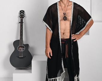 Poncho kimono in cotone stile boho: motivo tribale ricamato a mano