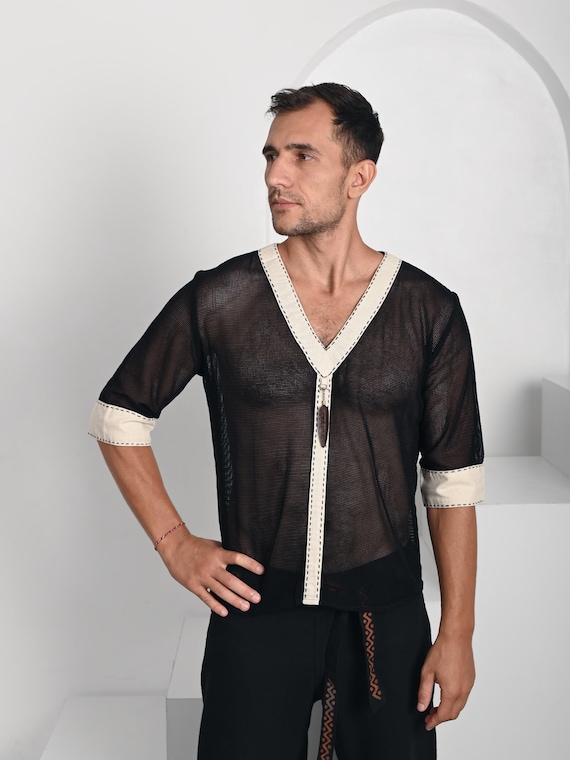 Black Eco Cotton Boho Shirt Detachable Agarwood Amulet Shamanic Festival Yoga Unisex Wear Bali