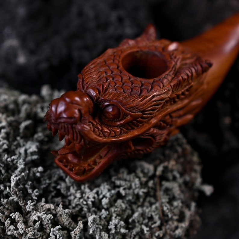 Luxury hand-carved mahogany wood Dragon smoking pipe with Ye Ming Zhu stone, a ceremonial piece for tobacco and herbs, embodying native American medicine traditions