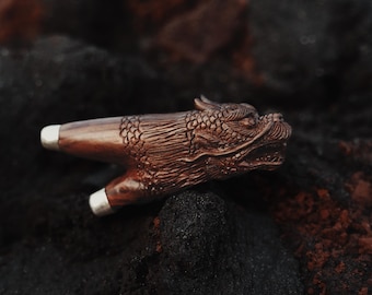 Kuripi Dragon Totem and Silver Caps .Hand Carved Rosewood . Unique Spiritual Tool