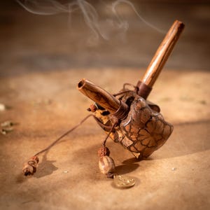 May include: A handcrafted wooden pipe with a textured, brown bowl and a lighter-colored, striped stem. The pipe is adorned with leather wrappings and decorative beads, with smoke gently rising from the bowl.