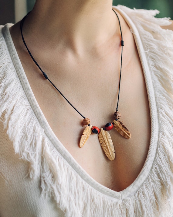 Palo Santo Feather Pendant Necklace: Shamanic Protection Amulet