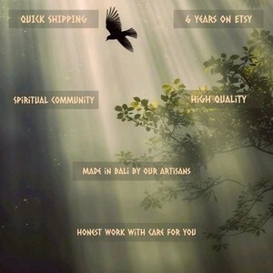 May include: A black bird flying through sunbeams filtering through green tree leaves. Text includes AYAHO, QUICK SHIPPING, 6 YEARS ON ETSY, SPIRITUAL COMMUNITY, HIGH QUALITY, MADE IN BALI BY OUR ARTISANS, HONEST WORK WITH CARE FOR YOU, WE LOVE CREATIVITY.