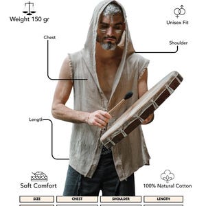 May include: Unisex Boho Ethnic Hoodie Jacket made of 100% natural cotton. The jacket has a hood and is sleeveless. The image shows a person wearing the jacket and holding a drum. The jacket weighs 5.3 ounces.