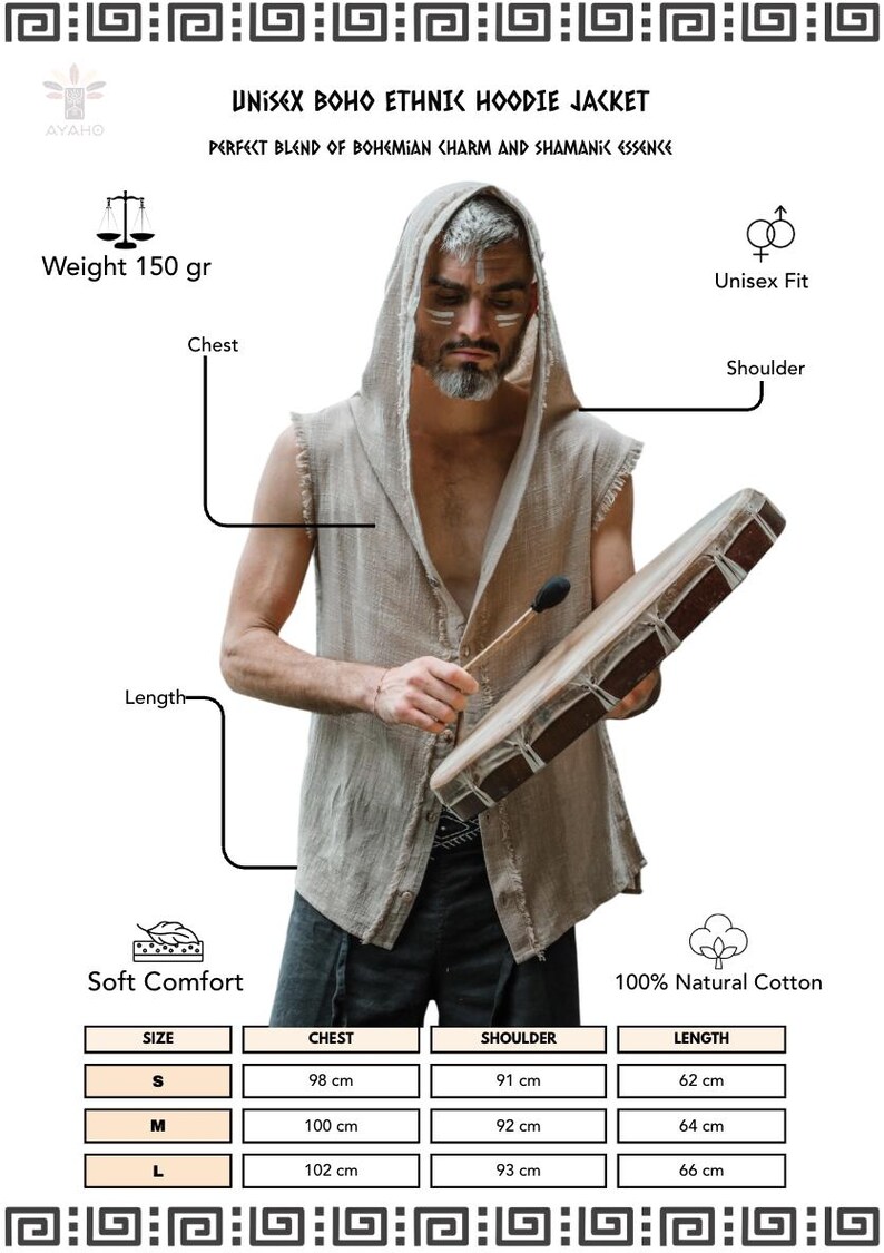 May include: Unisex Boho Ethnic Hoodie Jacket made of 100% natural cotton. The jacket has a hood and is sleeveless. The image shows a person wearing the jacket and holding a drum. The jacket weighs 5.3 ounces.
