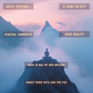May include: A serene image featuring a silhouetted figure in a meditative pose atop a mountain, set against a backdrop of a dusky sky and mountain range. Text includes "Quick Shipping", "6 Years on Etsy", "Spiritual Community", and "High Quality".