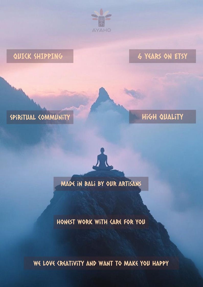 May include: A serene image featuring a silhouetted figure in a meditative pose atop a mountain, set against a backdrop of a dusky sky and mountain range. Text includes "Quick Shipping", "6 Years on Etsy", "Spiritual Community", and "High Quality".