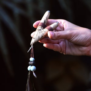 Tamarind Wood Kuripe Pipe: Shamanic Hape Snuff Tool with Turquoise & Peacock Feather
